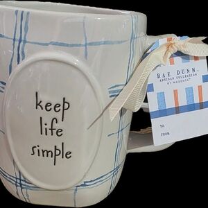Rae Dunn White Ceramic Mug with Blue Plaid and 'Keep Life Simple'
